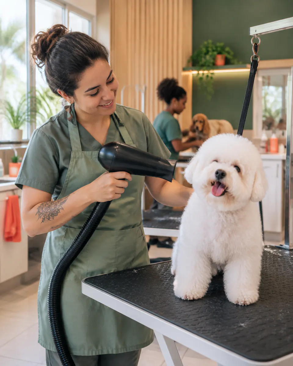 Profissional secando um cachorro branco e fofo na mesa de tosa