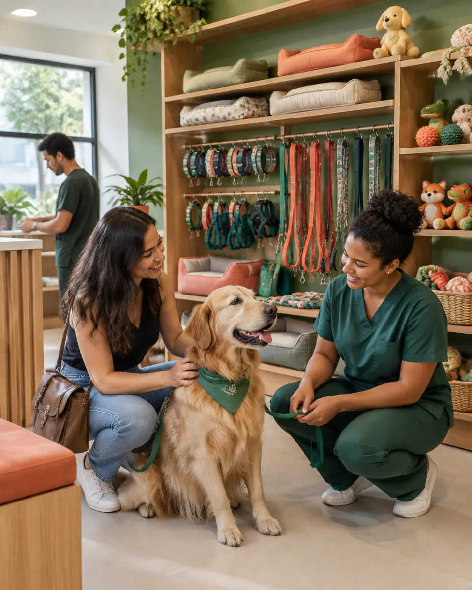 Boutique pet com coleiras, caminhas e brinquedos em prateleiras de madeira