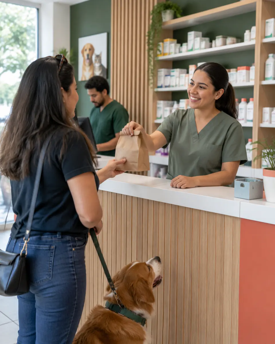 Farmácia veterinária com prateleiras organizadas e atendente entregando um pedido