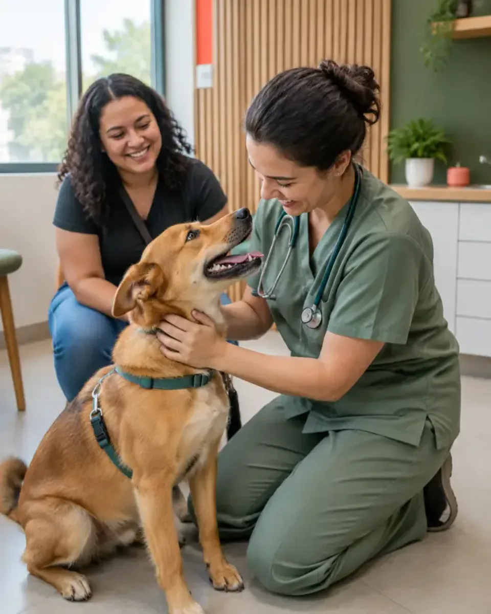 Veterinária sorrindo e acariciando um vira-lata caramelo