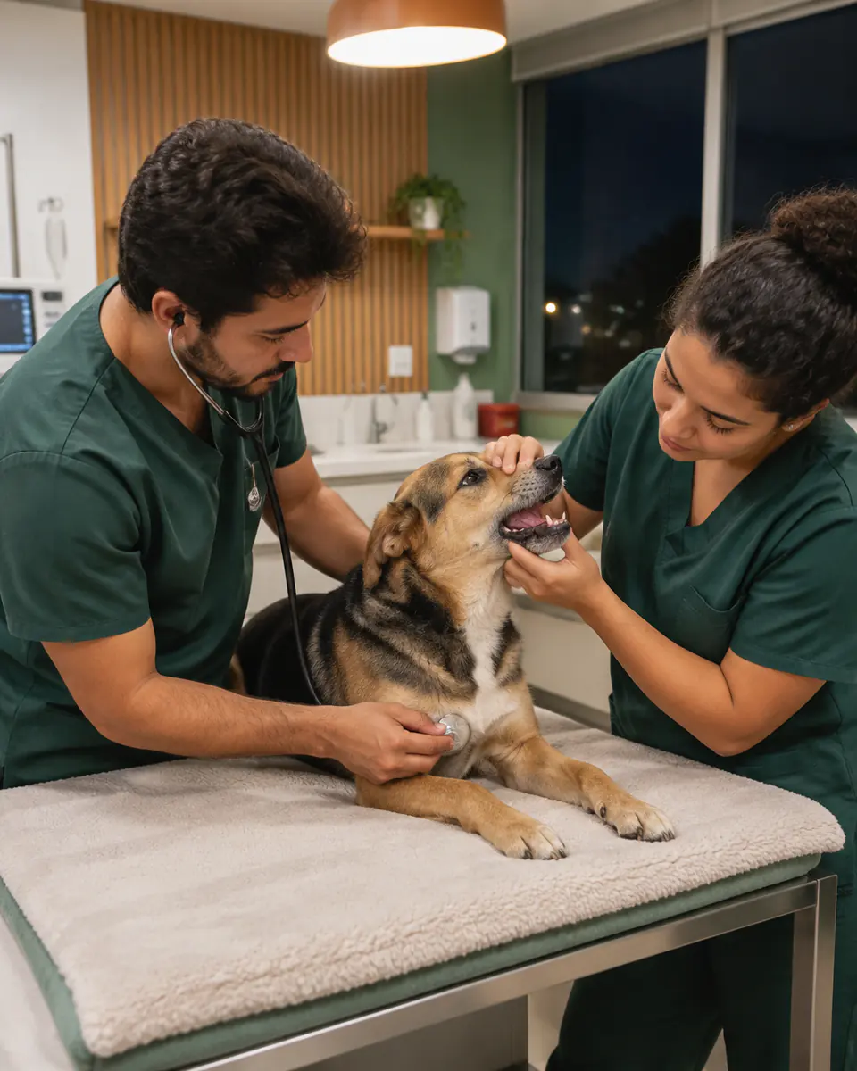 Veterinários de plantão atendendo um cachorro durante a noite