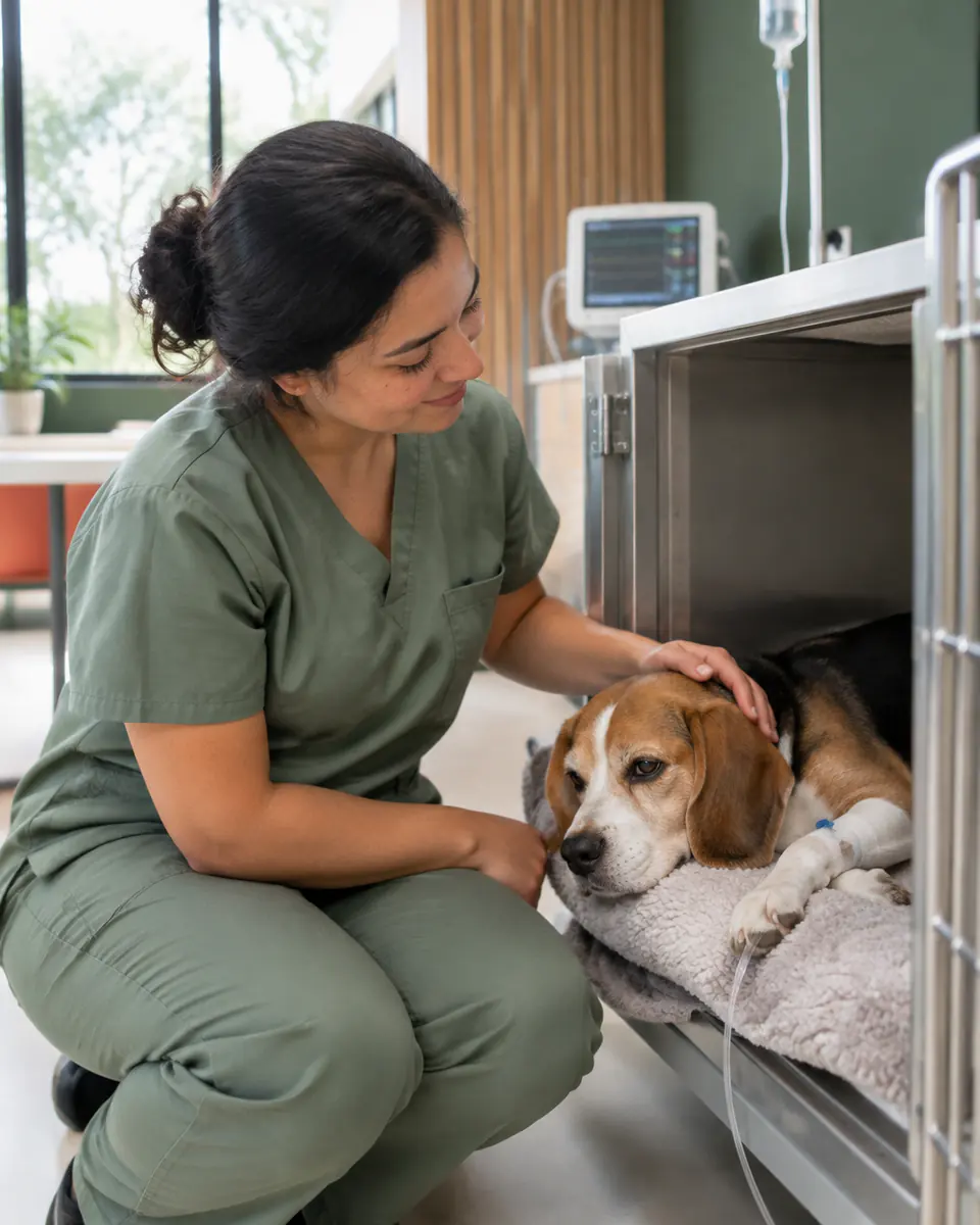 Enfermeira veterinária acariciando um beagle internado em recuperação