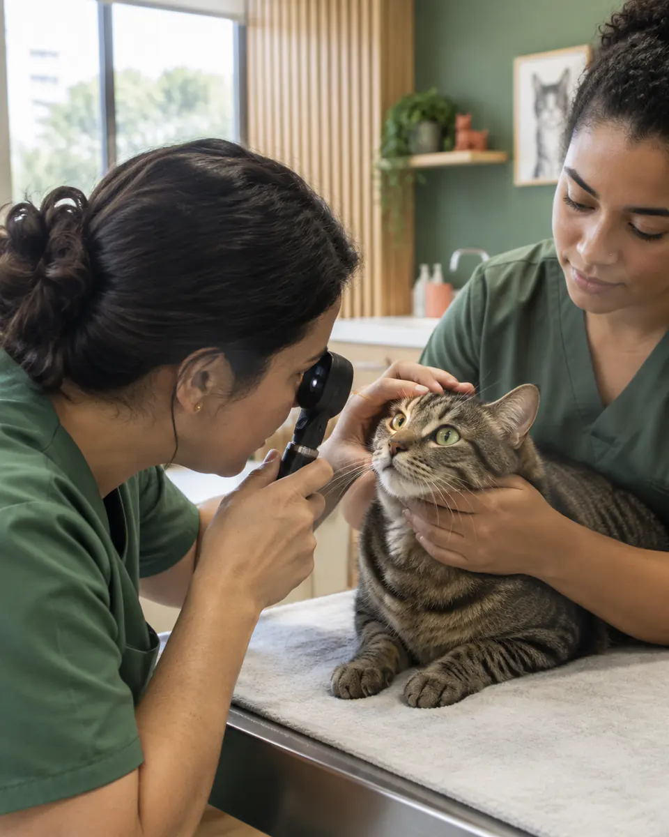 Veterinária examinando o olho de um gato com uma pequena lanterna