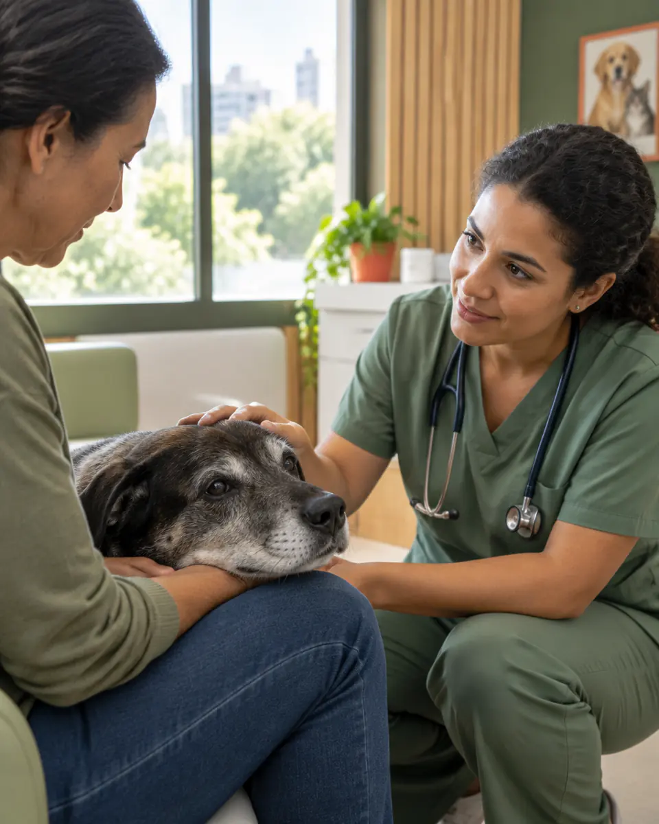 Veterinária acolhendo um cachorro idoso deitado no colo do tutor