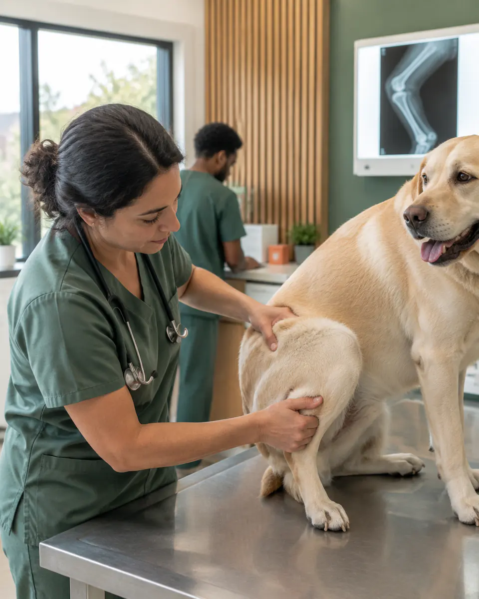 Veterinária examinando a pata traseira de um labrador