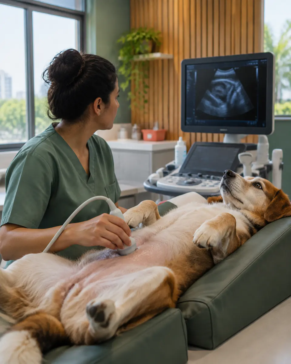 Veterinária fazendo ultrassom na barriga de um cachorro