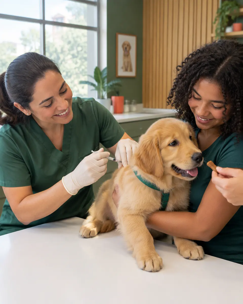 Veterinária vacinando um filhote no colo da tutora